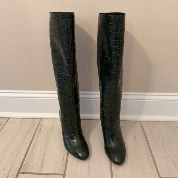 Loeffler Randall Tall Goldy Leather Croc Forest Green Heel Knee Boot Pull On 6 - Picture 6 of 14